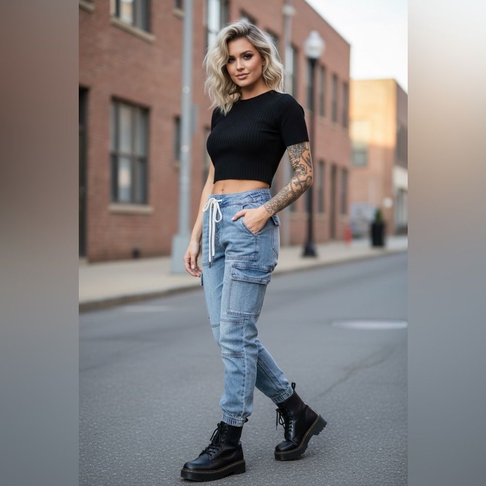 American Eagle High Waisted Light Wash Denim Cargo Jean Joggers Size 2